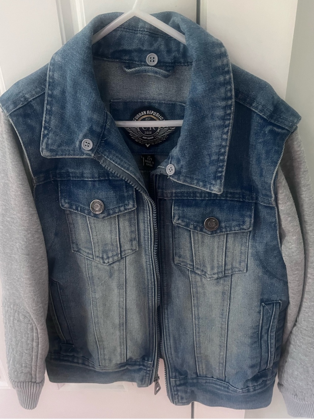 Urban Republic Denim Jacket with Grey Knit Sleeves and detachable hood